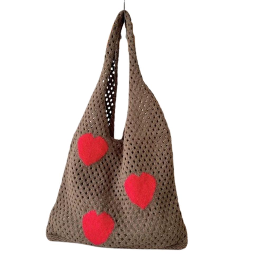 

Сетчатая сумка-тоут с узором в виде сердечек, в стиле инс, вязаная крючком, ручная работа, пляжная сумка, вязаная на плечо, для пикника коричневый