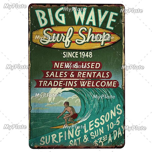 Surf Shop Vintage Metal Signs Decor Rust Tin Sign Wall Art Stickers Hawaii Poster for Bar Pub and Club Room Wall Art Decoration
