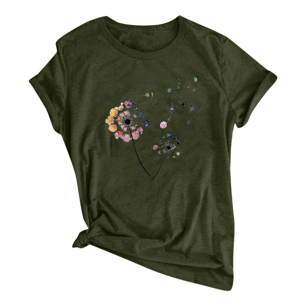Women Fashion Flower Printing O-Neck Short T-Shirt Loose Blouse Top Shirt