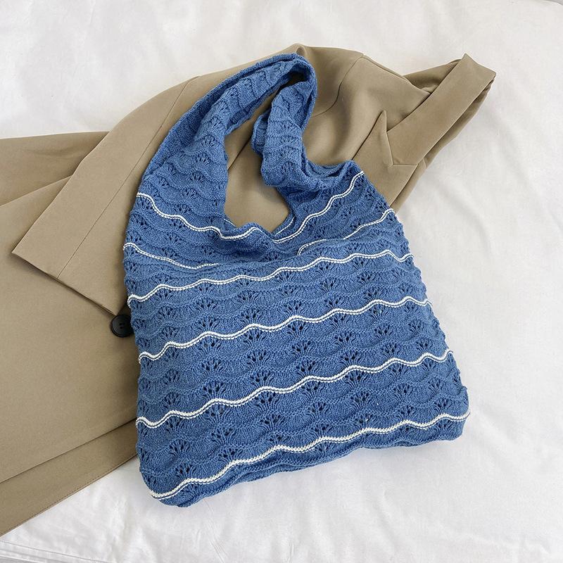 Knitted Large Capacity Stripe Pattern Crochet Tote Bag Beach Vacation Women's Hollow Shopping Shoulder Bags CLE