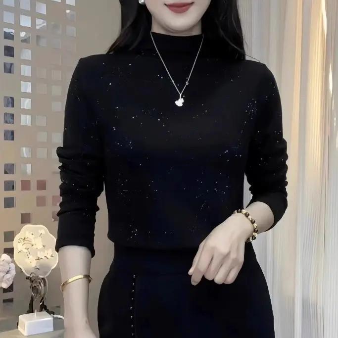 Women's Elegant Rhinestone Half-High Collar Fleece Shirt for Autumn/Winter