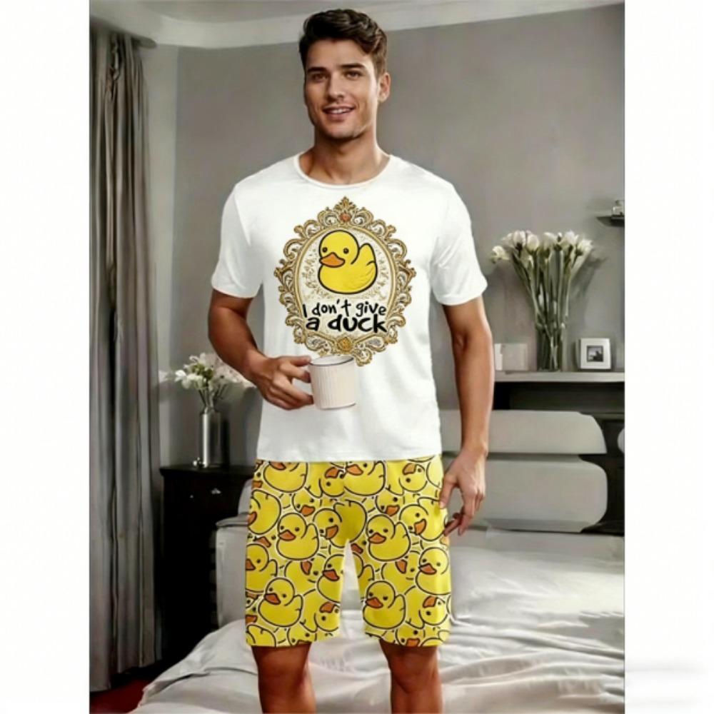 Summer Men s Set Fashion Duck Printed Men s T-shirt and Shorts 2 Piece Set Summer Casual Outdoor Men s and Women s Outfit Clothing XXS