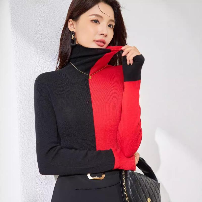 

Контрастная цветная вязка из шелка и шерсти, осенний новый пуловер с высоким воротником и длинными рукавами, женский топ 120 (110-67.5 kg)