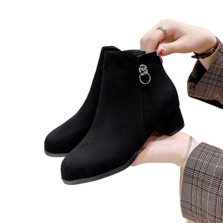 Frosted coarse heel small short boots women's shoes new autumn and winter black velvet suede medium heel bare boots autumn and winter high heels