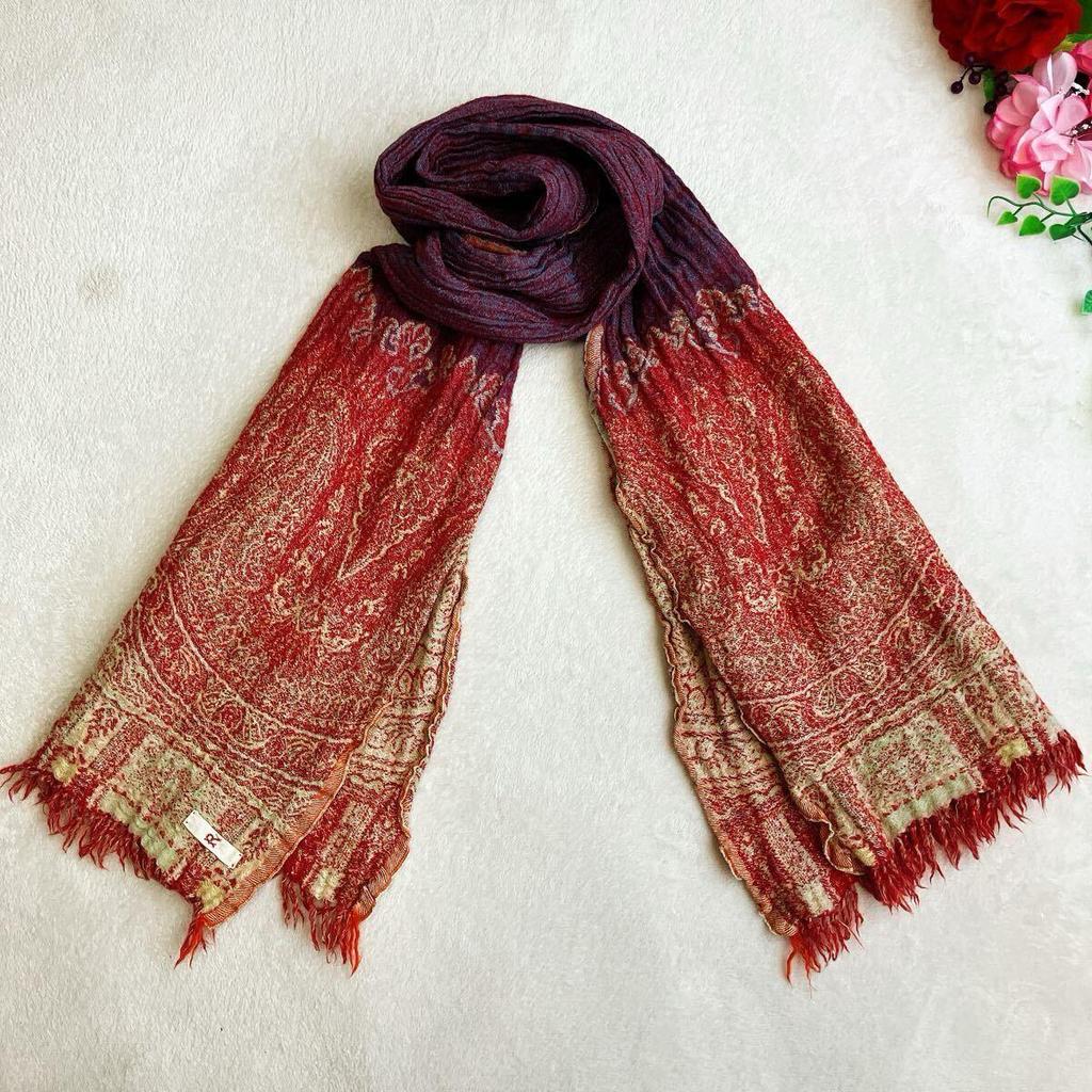 Used [Beautiful Condition] 45rpm Gauze Jacquard Paisley Stole - Ethnic, Fringe, Red x Purple x Multi