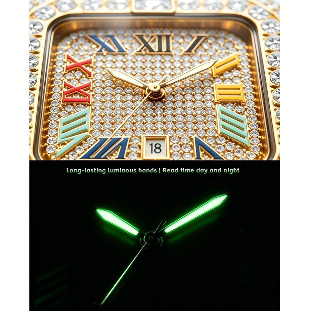 Mens Iced Out Watch Square Full Diamond Quartz Wrist Watch with Luminous Hands Date Waterproof Hip Hop Style