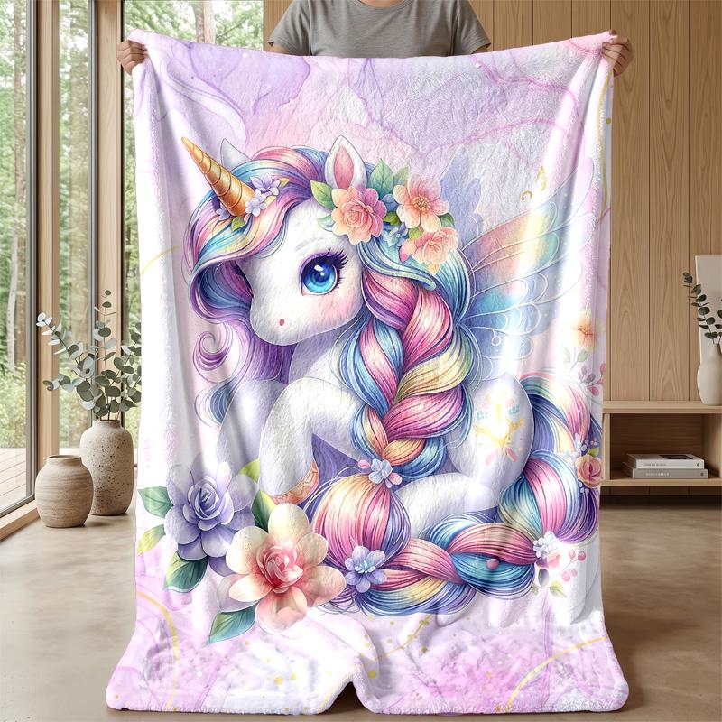 Rainbow unicorn with flowers Theme blanket Lightweight Warm Flannel Blanket Decorative Throw Blanket for Home Decoration
