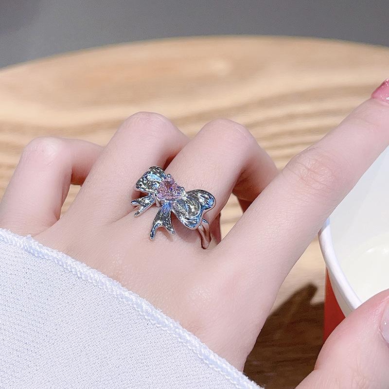 Pink Zircon Bow Niche Design Open Ring Set Cold Wind Personality Advanced Sense Index Finger Ring