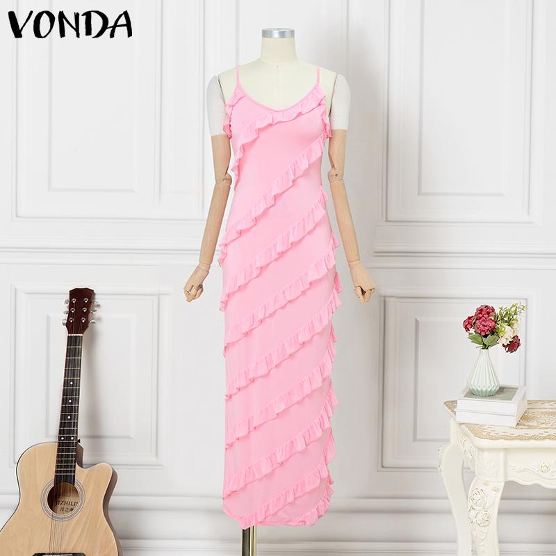 VONDA Women Sling Sleeveless Front Ruffled Thin Bodycon Long Party Dress