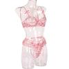 Women's Sexy  Lace Flower Embroidery Underwear Sexy Three-piece Suit With Steel Ring