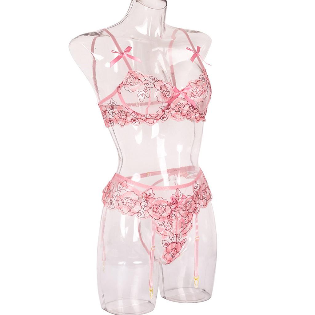 Women's Sexy  Lace Flower Embroidery Underwear Sexy Three-piece Suit With Steel Ring