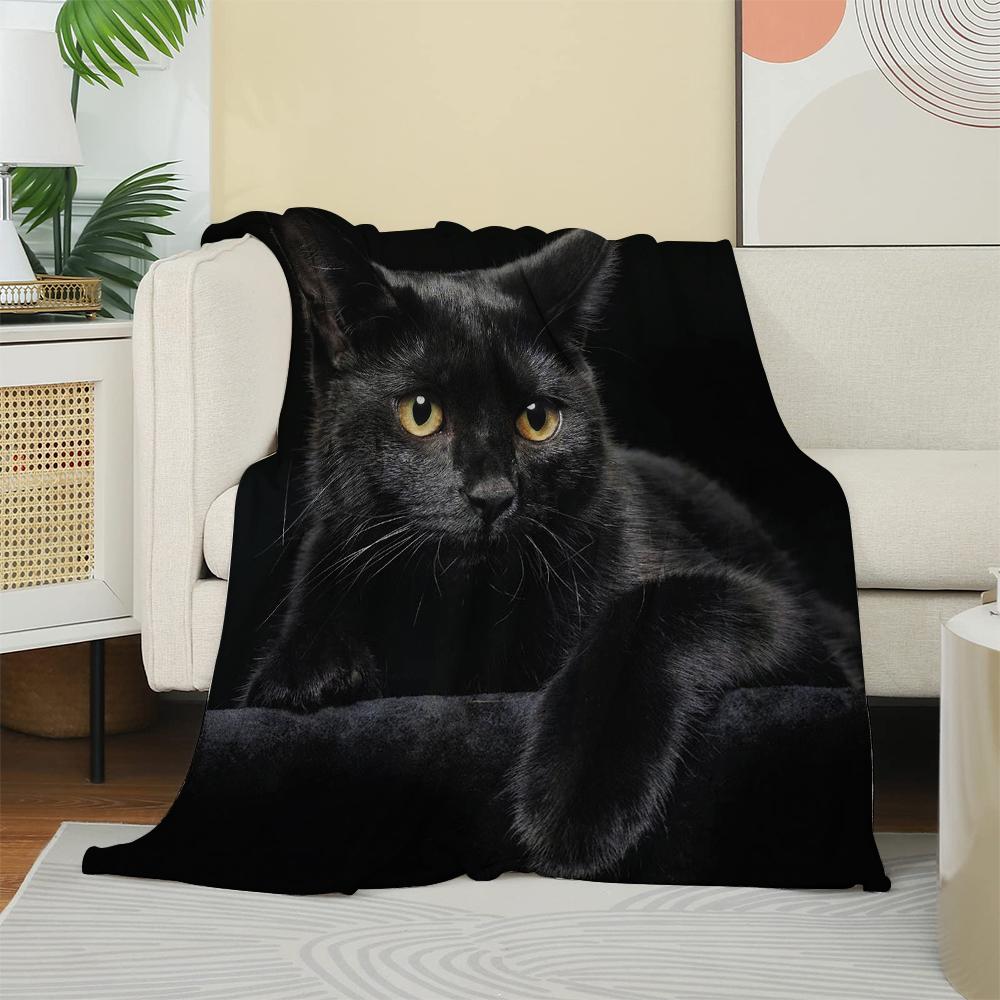 Mysterious Black Cat Flannel Blanket, Realistic Feline Portrait Throw, Soft Cozy For Cat Lover Home Decor, Warm Sofa Couch Gift