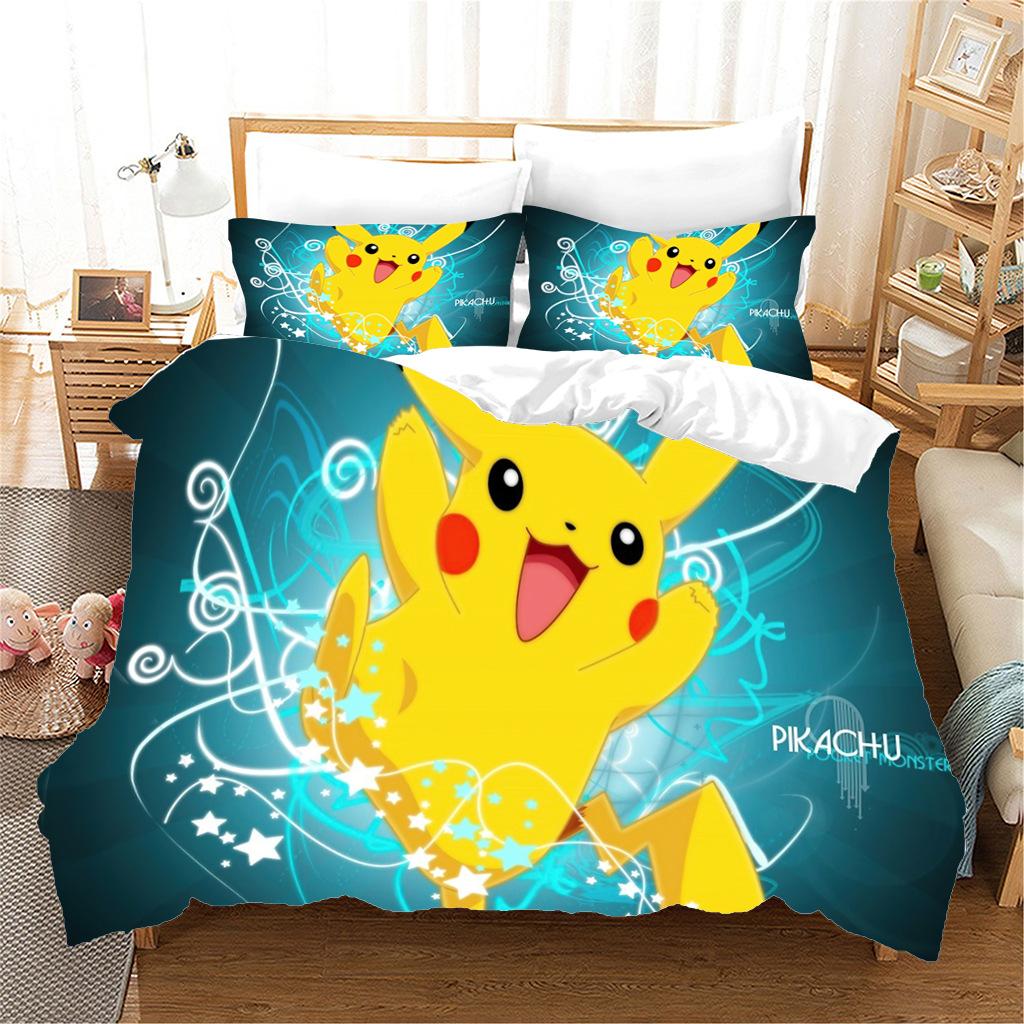 Anime P-Pokémon Printed Bedding Set New Ash Ketchum Pikachu Duvet Cover Comforter Pillowcase Boys Girls Children Adults King Gif