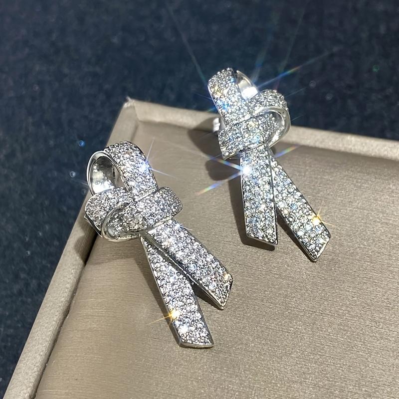 1Pair of Women s Fashion Light Luxury Bow Design Stud Earrings, Inlaid with Synthetic Zircon Jewelry серебряный
