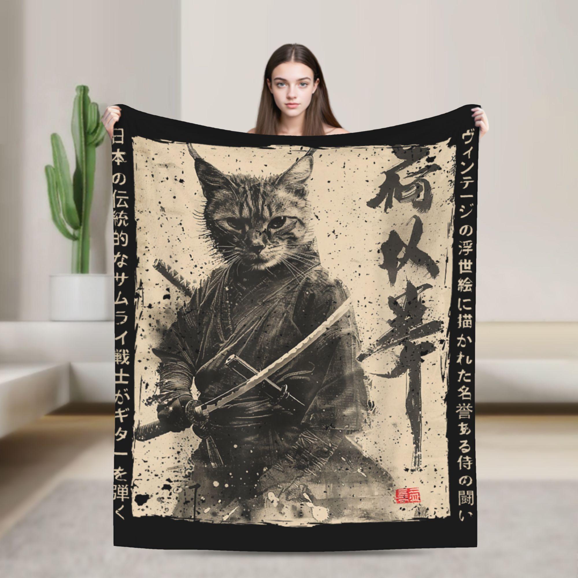 

Ukiyo-e Samurai Japanese Ink Art Cat Blanket Flannel Autumn Winter Vintage Artwork Multifunction Thin Throw Blanket Bedspread 75x90cm