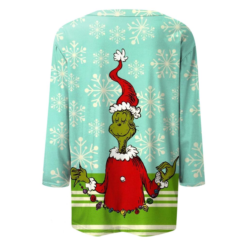 Damenmode, lässiges Oberteil mit sieben Ärmeln und Weihnachtsdruck, Rundhalsausschnitt