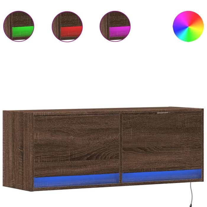 VidaXL Meuble TV mural avec lumières LED chêne marron 100x31x35 cm, meuble TV suspendu au mur, unité TV flottante, support 852368