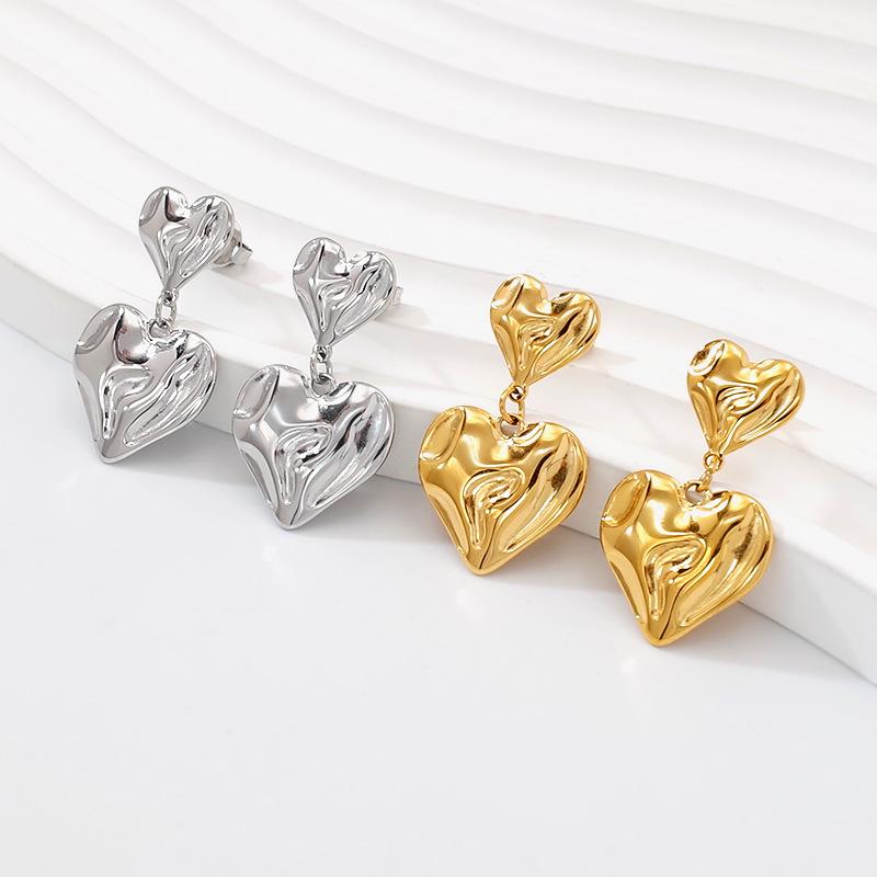 18K Gold Plated Double Layer Heart Earrings for Women - Fashionable & Versatile Peach Heart Studs