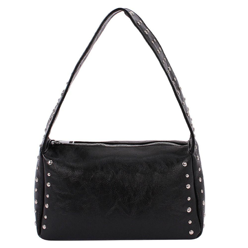 Portable Spicy Girl Style Retro Rivet Handbag Leisure French Pillow Underarm Bag Solid Color Square Commuting Shoulder Bag Women