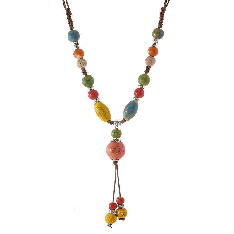 Retro Ceramic Beaded Necklace for Women, Handmade Long Sweater Chain, Ethnic Vintage Chinese Style Jewelry