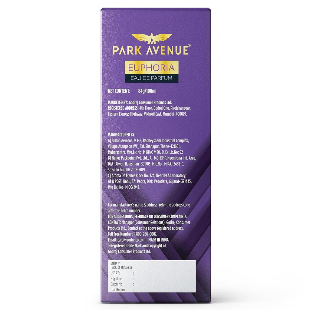 Park Avenue Euphoria Eau De Parfum Men 100ml Long Lasting Luxury Fragrance Amber Musk Scent for Every Occasion