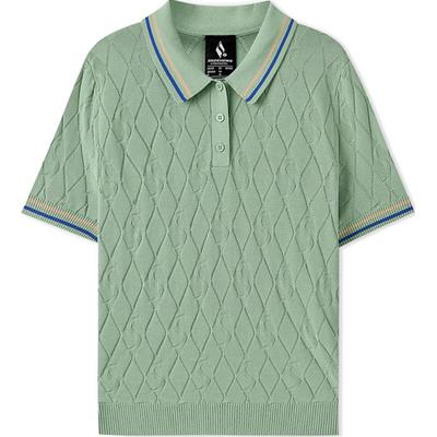 Fashionable Color Block Striped Breathable Short Sleeve Polo Shirt Women Tops Iceberg-Green L225W051-05F3