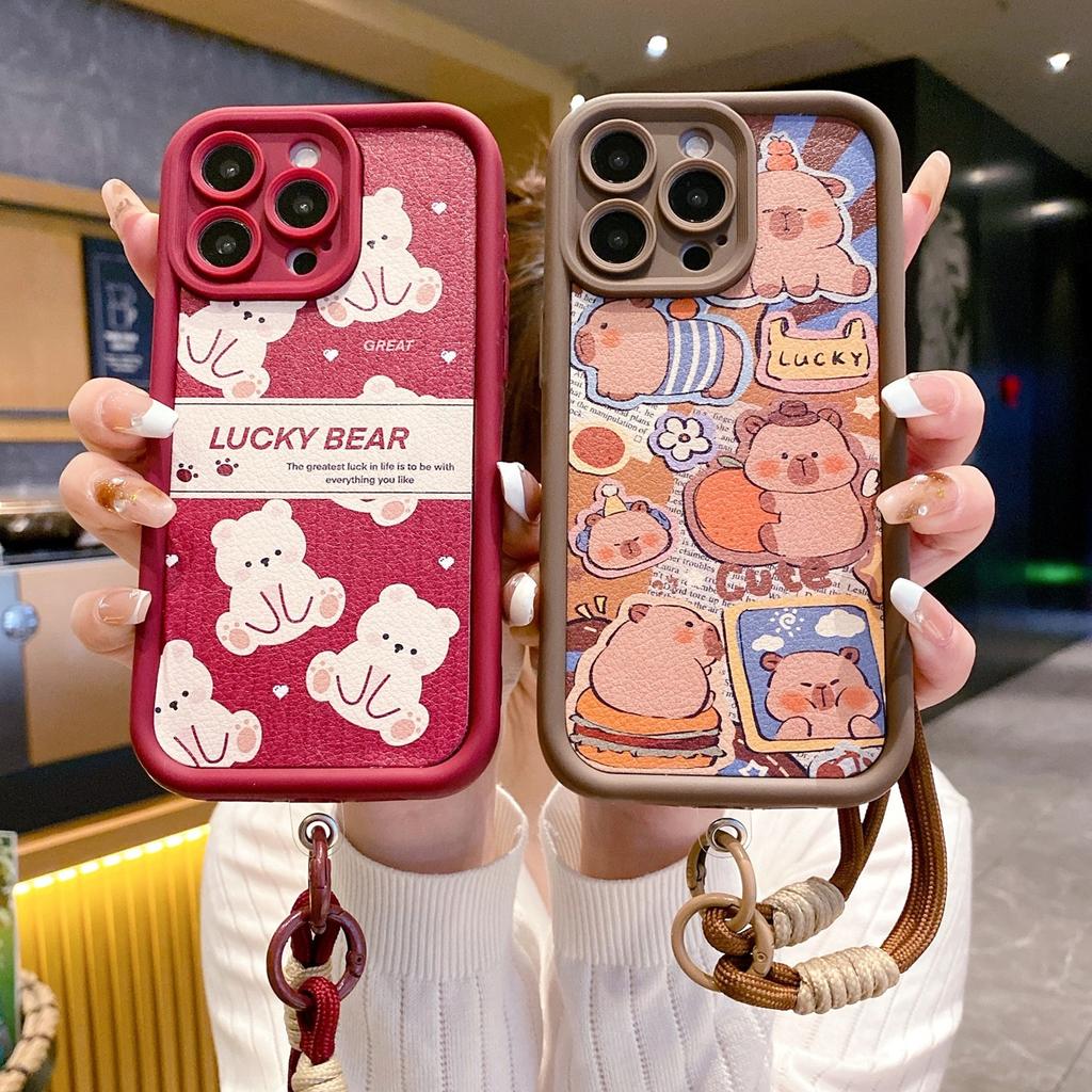 Applicable to Realme16 cartoon mobile phone case, real me 15 bear sticker leather V70 protective case, C85Pro hand rope.
