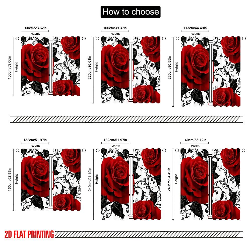 Set Of 2 Flat Printing Curtains Red Roses Black Swirls Floral Digital Printed Polyester Drapes Seasonal Party Holiday Decor Curtain