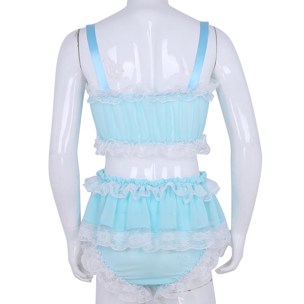 2Pcs Mens Ruffled Lace Sheer Chiffon Sissy Lingerie Set Bra Top with Skirted Petticoated Panties