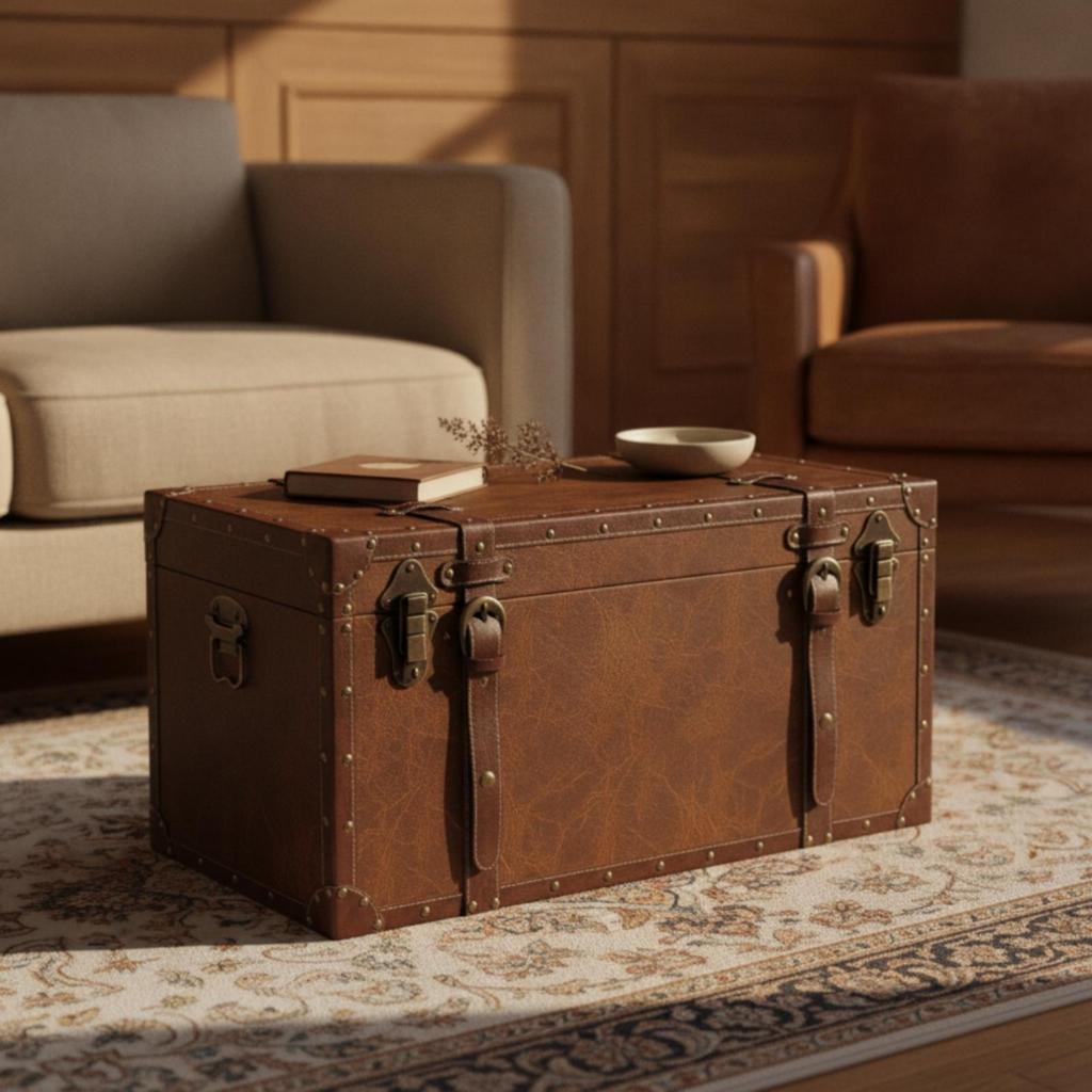 Leather Accent Wood Storage Box with Secure Metal Clasp for Entryway