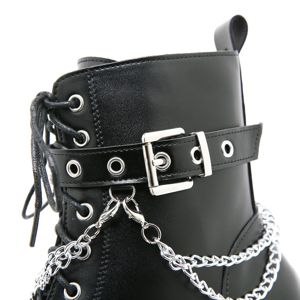 Gdgydh Modern Boots Woman Shoes Gothic Metal Decoration Black Boots Women Heel Sexy Chain Chunky Heel Platform Footwear Zipper