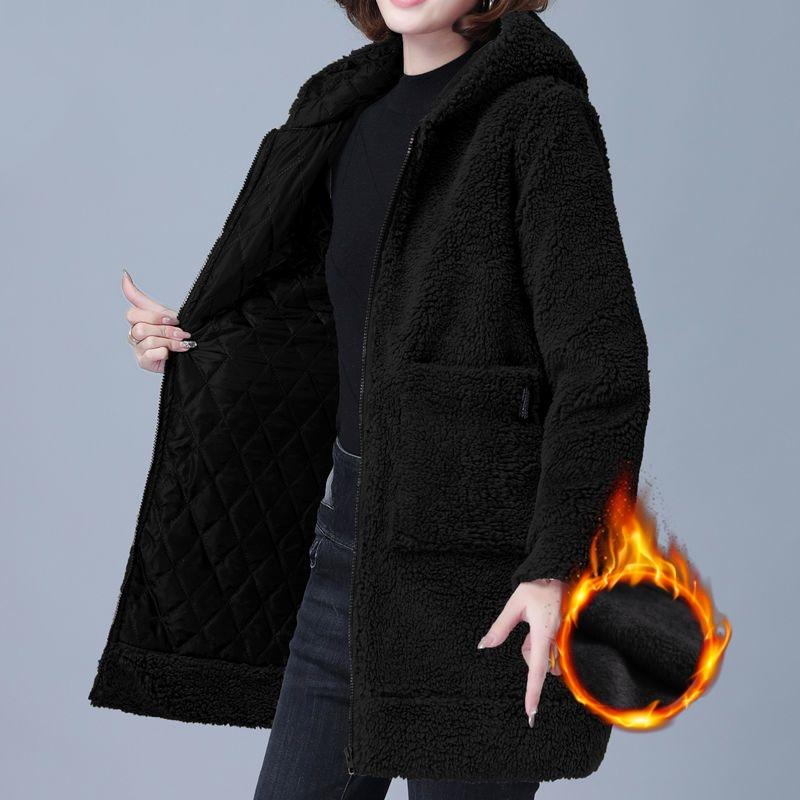 Plus Size Imitation Lamb Fleece Jacket Women's Winter Warm Quilted Jacket Mid-length Hooded Padded Jacket