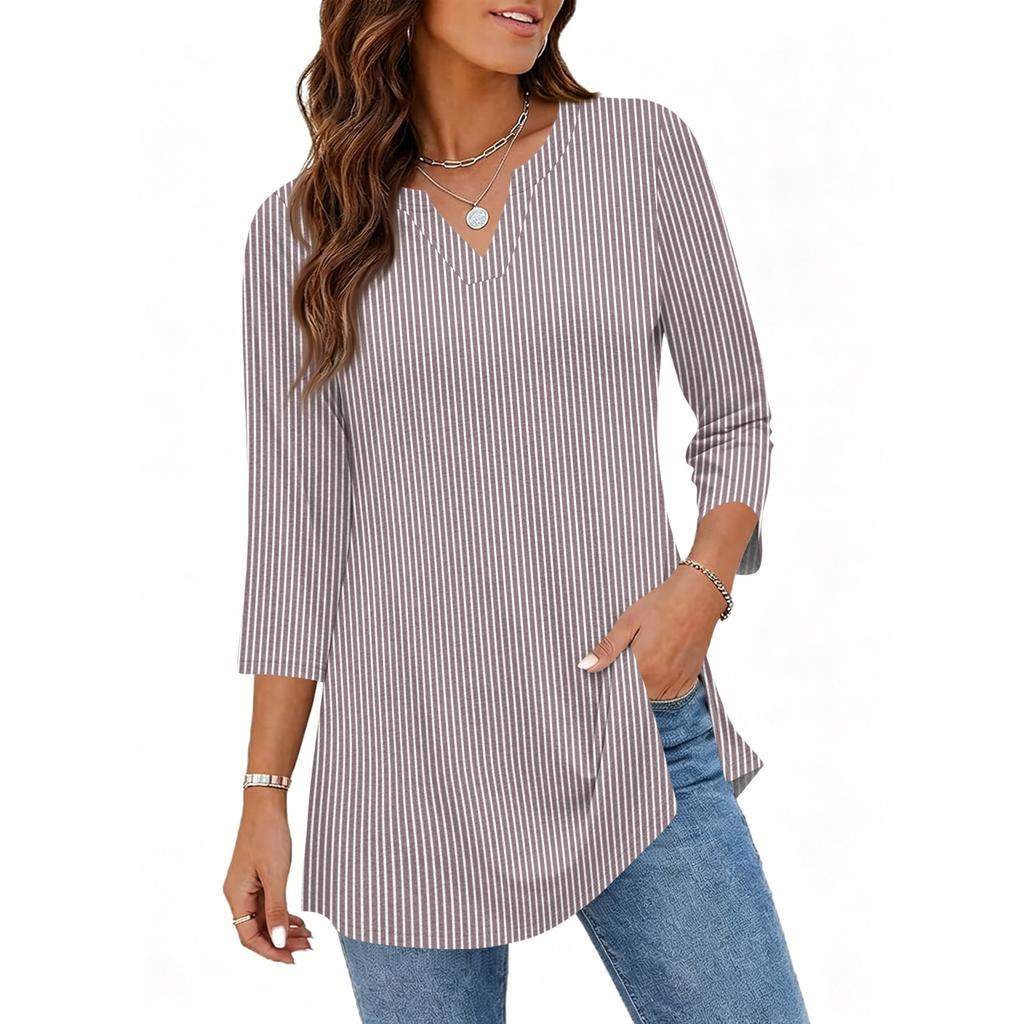 Damen V-Ausschnitt 3/4 Ärmel Pullover Tunika Oberteil mit Streifenmuster Lockerer Schnitt Lässige Mittellange Bluse für den täglichen Gebrauch