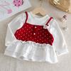 Girls Fall Red Fake Two Piece Long Sleeve T Shirt Sweet Versatile Baby Top Base Layer Shirt