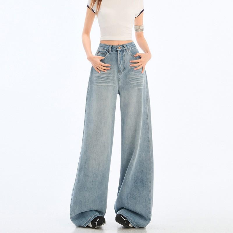 Women s High Waist Retro Washed Blue Straight Leg Jeans Medium