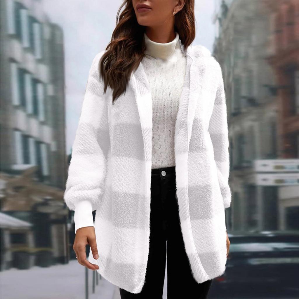 Women's Winter Warm Hooded Plaid Mid-Length Plush Cardigan Jacket
