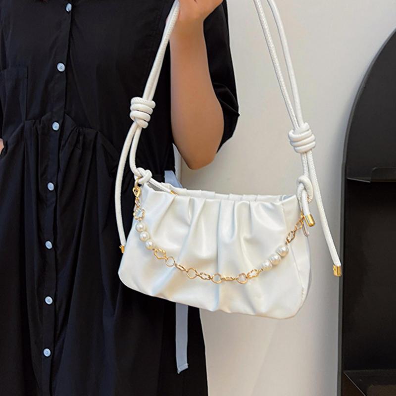 Γυναικεία Τσάντα ώμου Faux Leather Chain Bead Decor Ομαλό κλείσιμο με φερμουάρ Πλισέ ρυθμιζόμενη γυαλιστερή τσάντα μεγάλης χωρητικότητας
