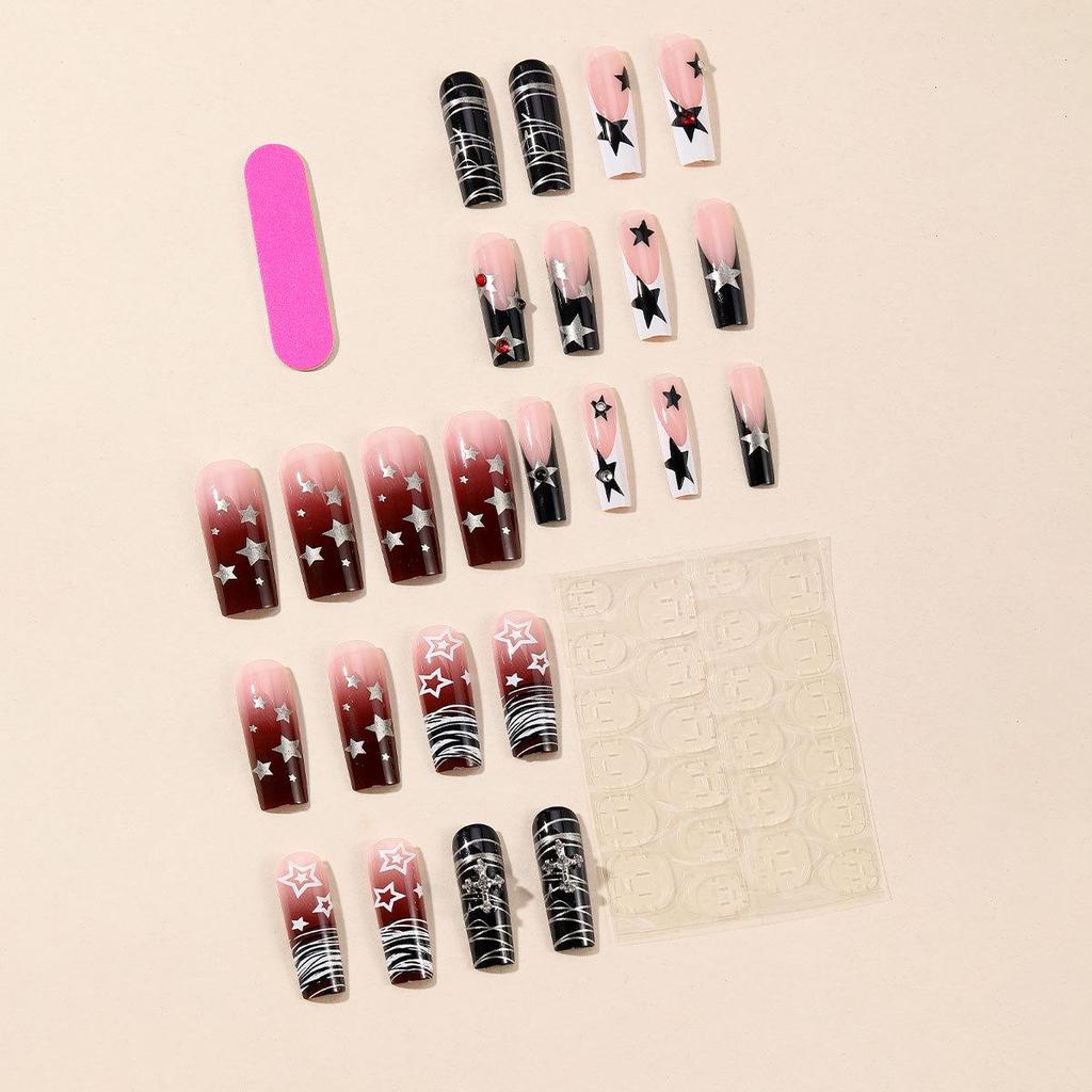 Long Irregular Coffin Nails with French Gradient and Star Particles