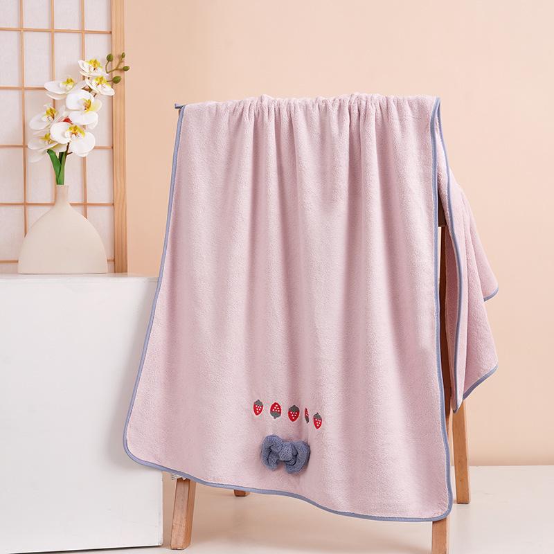 Strawberry Embroidered Bowknot Bath Towels - Coral Fleece Gift Set