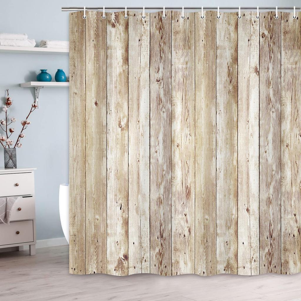 Farmhouse Rustic Shower Curta Bathroom,Vintage Brown Wood Barn Door Country Home Decor Plank Wall Texture Bathroom Curtain