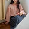 French fungus edge stand-up collar curved split long-sleeved green shirt women's lace-up top spring