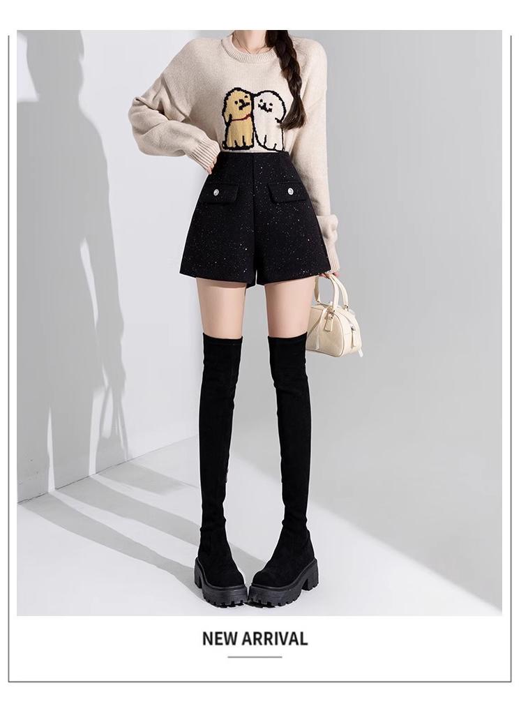 High-Waisted Black Sequin Woolen Shorts for Women - Winter 2026 A-Line Slimming Style, Perfect with Boots and Outerwear