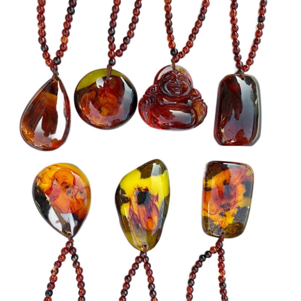 Amber Beeswax Teardrop Pendant Necklace for Men & Women - Blood Vein Charm, Ethnic Style, Peace & Safety Sweater Chain