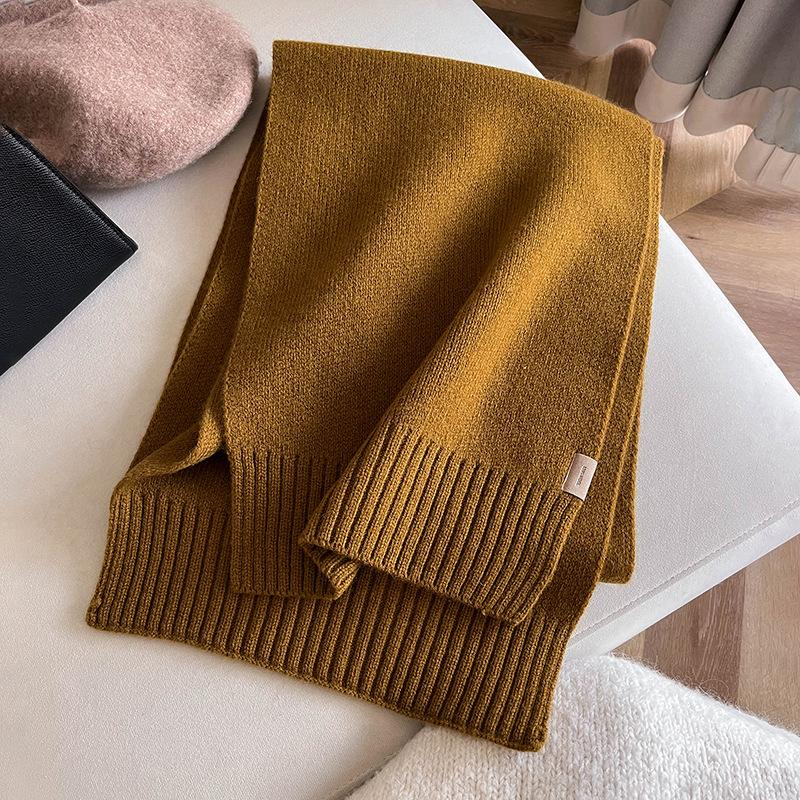 High-grade 100 Wool Scarf Women's Winter Thickened Warm High-end Sense Simple Monochrome Knitted Versatile Scarf Gift