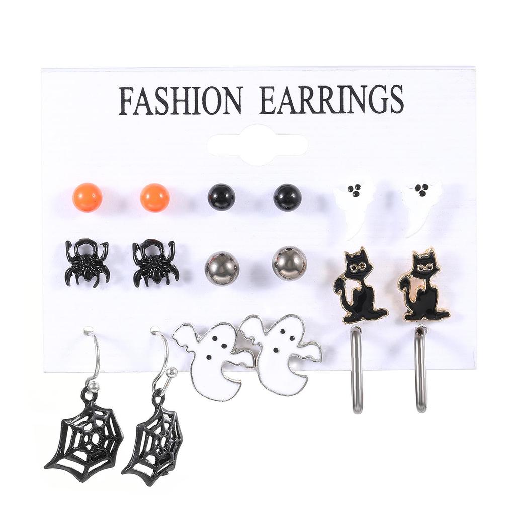 Cross-Border Halloween Earrings Set: Ghost, Pumpkin, Witch, Skeleton, Spider, Black Cat, Bat, Spider Web Ear Studs
