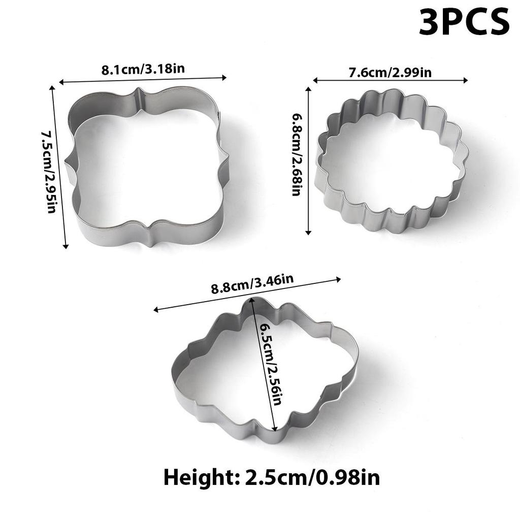 Stainless Steel Fondant Lace 3-Piece Cookie Cutter Set: Rectangular, Wavy Square, Mini Circle