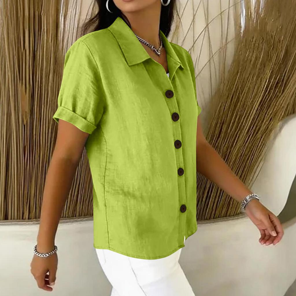 Women's Casual Comfortable Button Cotton Linen Short Sleeve Shirt Top