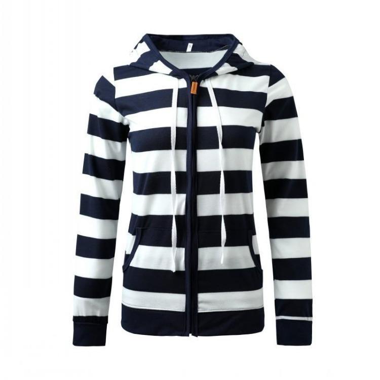Hooded Long Sleeve Women Striped Sweatshirt with Drawstring and Zipper Pocket S