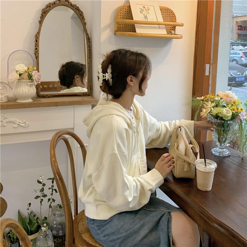 Women's College Style Hooded Sweatshirt Jacket - Spring/Autumn 2023 Zipper Loose Cardigan Top