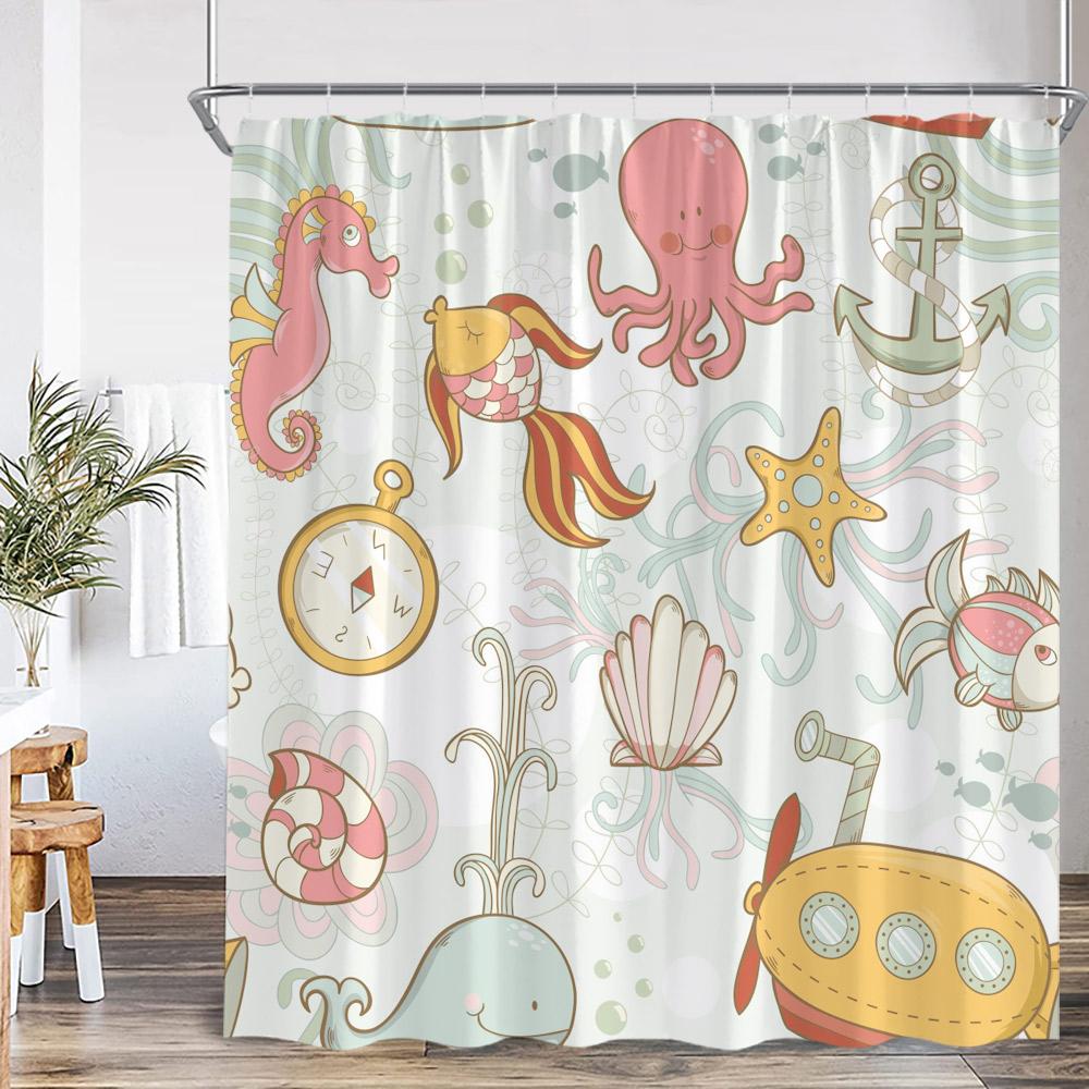 Cartoon Ocean Animals Kids Shower Curtains Tropical Fishes Coral Starfish Shell Bathroom Decorations Funny Children Bath Curtain